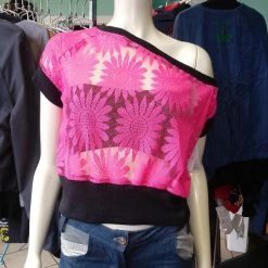 Tidal Cool Off Shoulder Slouch Sweatshirt In Neon Pink Lace And Black Cuffs Tops And Ponchos