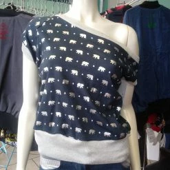 Tidal Cool Tops And Ponchos Off Shoulder Slouch Sweatshirt In Navy Knit With Metallic Silver Polar Bears