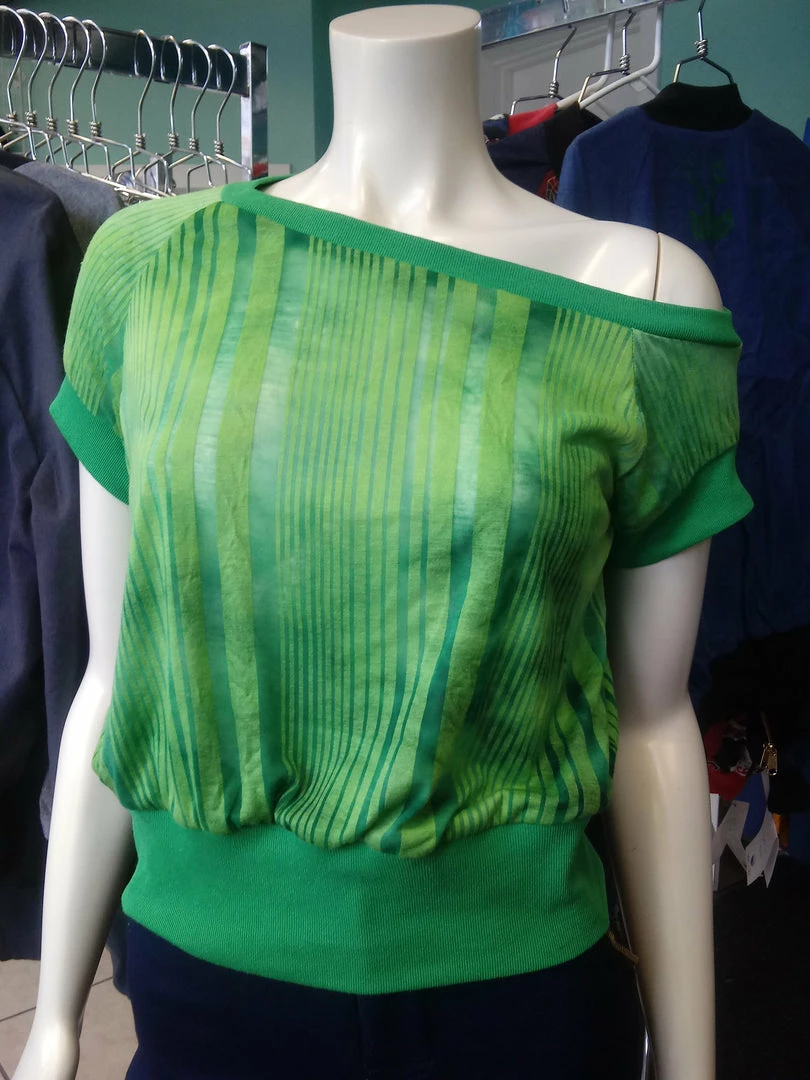 Tidal Cool Off Shoulder Slouch Sweatshirt In Lightweight Green Ombre Stripe With Green Cuffs