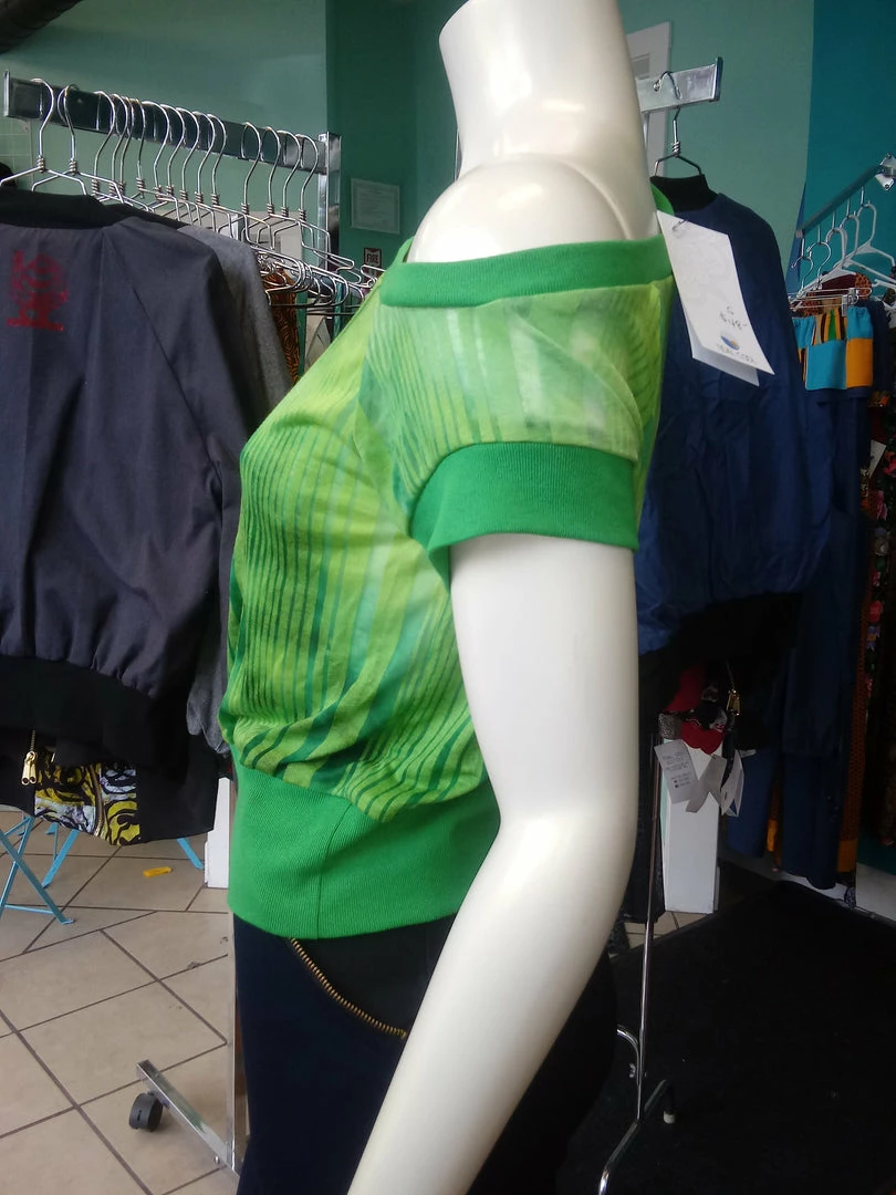 Tidal Cool Off Shoulder Slouch Sweatshirt In Lightweight Green Ombre Stripe With Green Cuffs