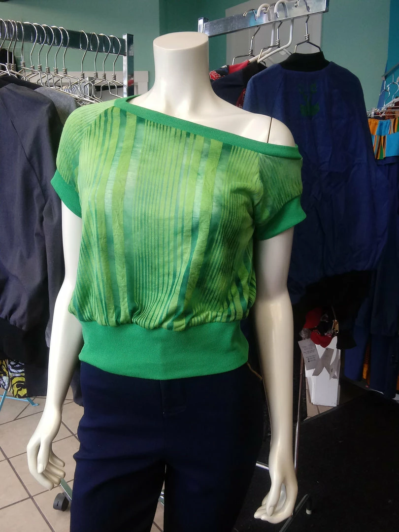 Tidal Cool Off Shoulder Slouch Sweatshirt In Lightweight Green Ombre Stripe With Green Cuffs