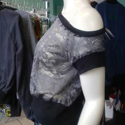 Tidal Cool Tops And Ponchos Off Shoulder Slouch Sweatshirt In Grey Floral Lace And Black Cuffs