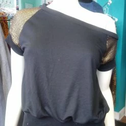 Tidal Cool Off Shoulder Slouch Sweatshirt In Lightweight Brushed Black Knit With Gold Sleeves