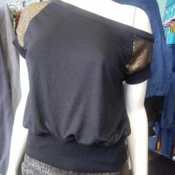 Tidal Cool Off Shoulder Slouch Sweatshirt In Lightweight Brushed Black Knit With Gold Sleeves