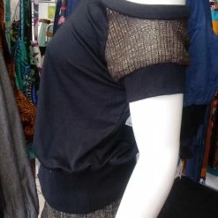 Tidal Cool Off Shoulder Slouch Sweatshirt In Lightweight Brushed Black Knit With Gold Sleeves