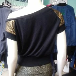 Tidal Cool Off Shoulder Slouch Sweatshirt In Lightweight Brushed Black Knit With Gold Sleeves