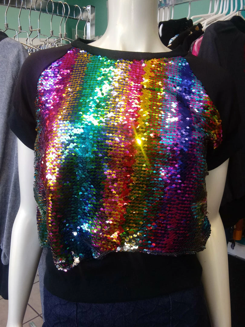 Tidal Cool Bomber Jackets Rainbow Sequin Color Shift Pullover Top