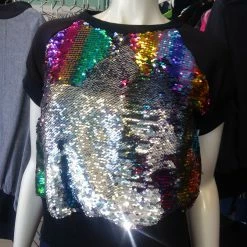 Tidal Cool Bomber Jackets Rainbow Sequin Color Shift Pullover Top