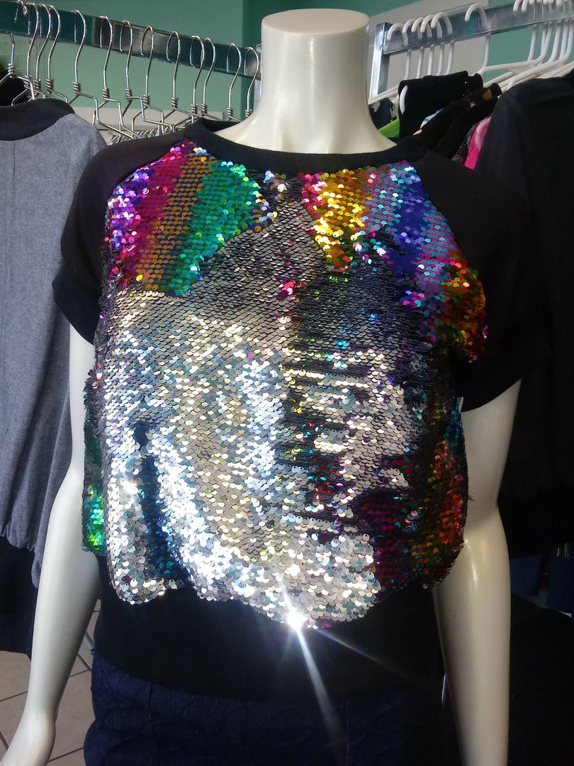 Tidal Cool Bomber Jackets Rainbow Sequin Color Shift Pullover Top