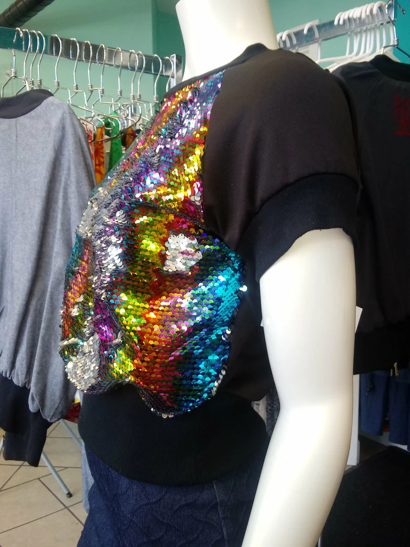 Tidal Cool Bomber Jackets Rainbow Sequin Color Shift Pullover Top