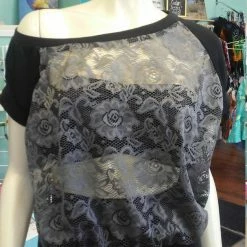 Tidal Cool Tops And Ponchos Off Shoulder Slouch Sweatshirt In Grey Floral Lace And Black Cuffs