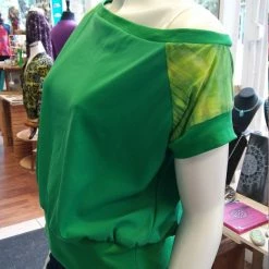 Tidal Cool Off Shoulder Slouch Sweatshirt In Green Scuba Knit With Ombre Striped Sleeves Tops And Ponchos