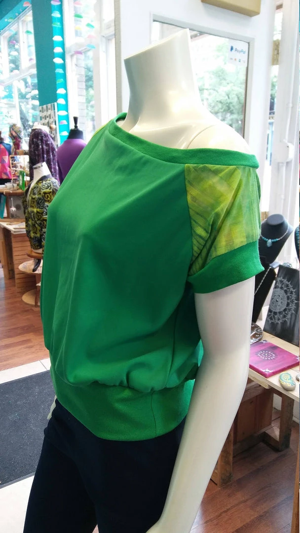 Tidal Cool Off Shoulder Slouch Sweatshirt In Green Scuba Knit With Ombre Striped Sleeves Tops And Ponchos