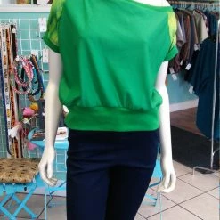 Tidal Cool Off Shoulder Slouch Sweatshirt In Green Scuba Knit With Ombre Striped Sleeves Tops And Ponchos