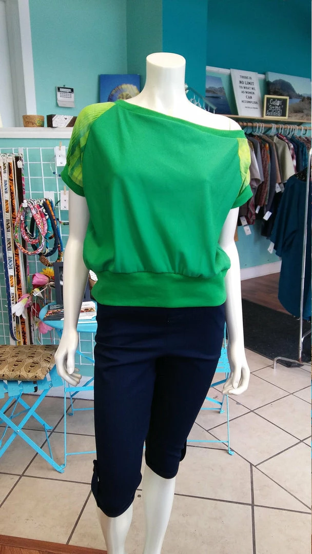 Tidal Cool Off Shoulder Slouch Sweatshirt In Green Scuba Knit With Ombre Striped Sleeves Tops And Ponchos