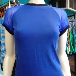 Tidal Cool Bright Blue Mesh Sleeve And Brushed Knit Pullover With Black Trim Tops And Ponchos