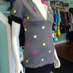Tidal Cool Athletic Hoodie Dress In Pink African Kente Cloth And Grey Polka Dot Sweatshirt Knit Dresses