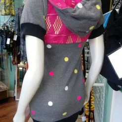 Tidal Cool Athletic Hoodie Dress In Pink African Kente Cloth And Grey Polka Dot Sweatshirt Knit Dresses