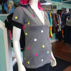 Tidal Cool Athletic Hoodie Dress In Pink African Kente Cloth And Grey Polka Dot Sweatshirt Knit Dresses