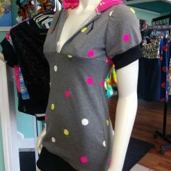 Tidal Cool Athletic Hoodie Dress In Pink African Kente Cloth And Grey Polka Dot Sweatshirt Knit Dresses