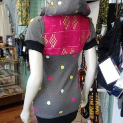 Tidal Cool Athletic Hoodie Dress In Pink African Kente Cloth And Grey Polka Dot Sweatshirt Knit Dresses