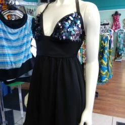 Tidal Cool Dresses Flirty Gunmetal Sequin Cocktail Dress With Sequin Skirt And Plunge Neckline