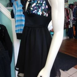 Tidal Cool Dresses Flirty Gunmetal Sequin Cocktail Dress With Sequin Skirt And Plunge Neckline