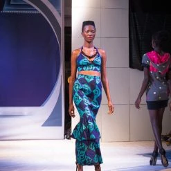 Tidal Cool Dresses African Batik Mermaid Dress With Halter Midriff With Kukui Beads And 2 Layered Full Length Skirt