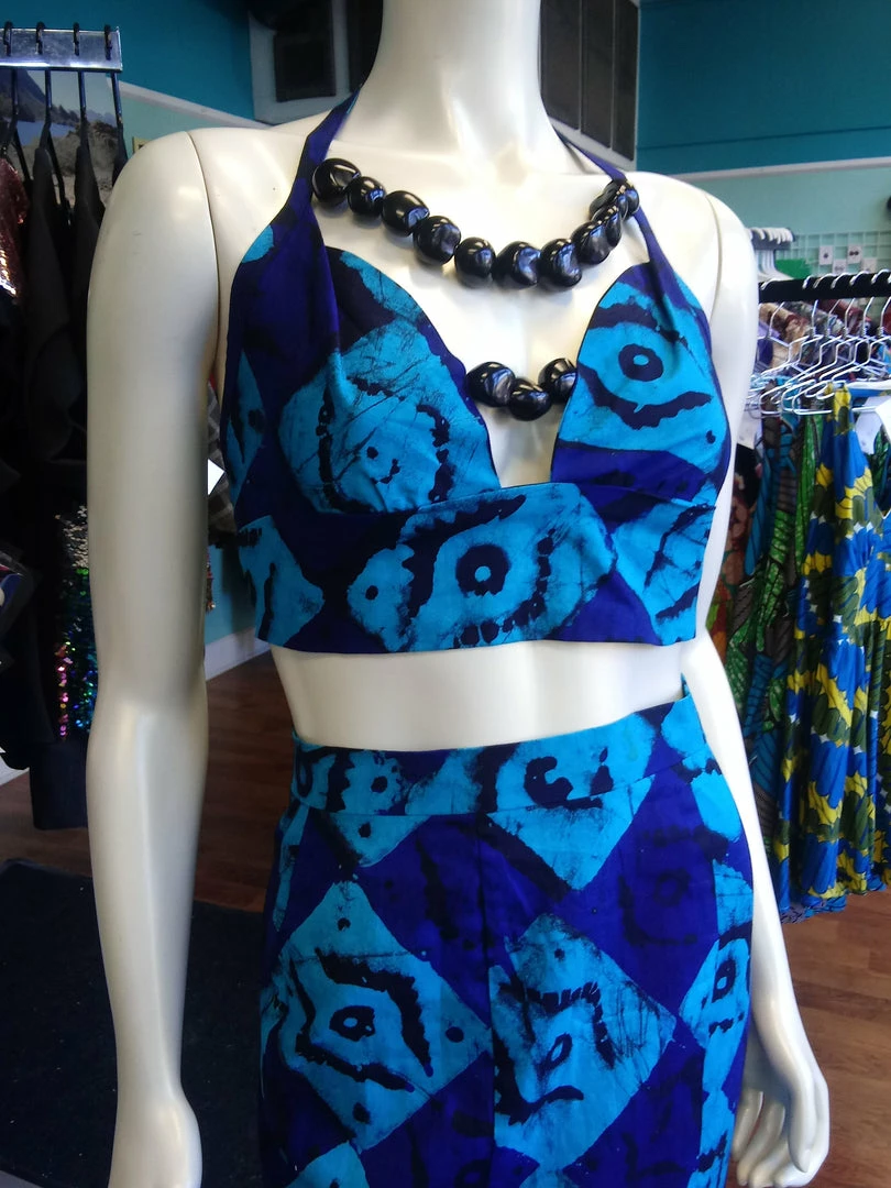 Tidal Cool Dresses African Batik Mermaid Dress With Halter Midriff With Kukui Beads And 2 Layered Full Length Skirt