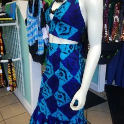 Tidal Cool Dresses African Batik Mermaid Dress With Halter Midriff With Kukui Beads And 2 Layered Full Length Skirt