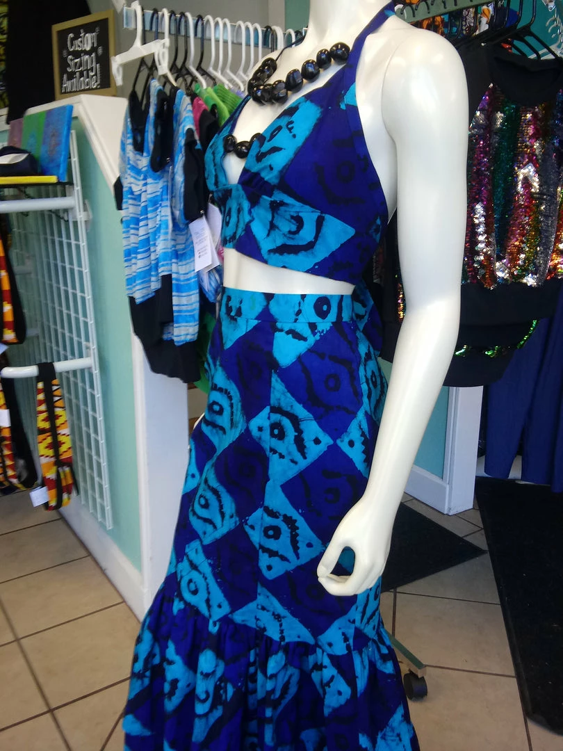 Tidal Cool Dresses African Batik Mermaid Dress With Halter Midriff With Kukui Beads And 2 Layered Full Length Skirt