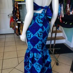 Tidal Cool Dresses African Batik Mermaid Dress With Halter Midriff With Kukui Beads And 2 Layered Full Length Skirt