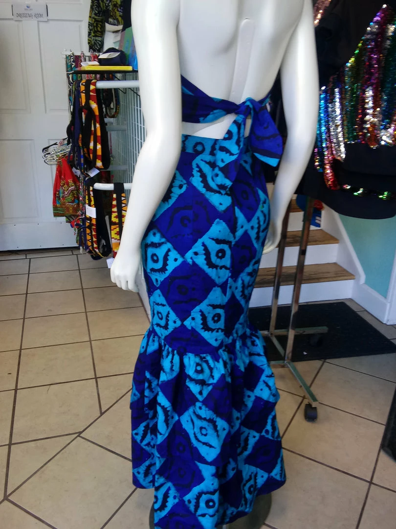 Tidal Cool Dresses African Batik Mermaid Dress With Halter Midriff With Kukui Beads And 2 Layered Full Length Skirt