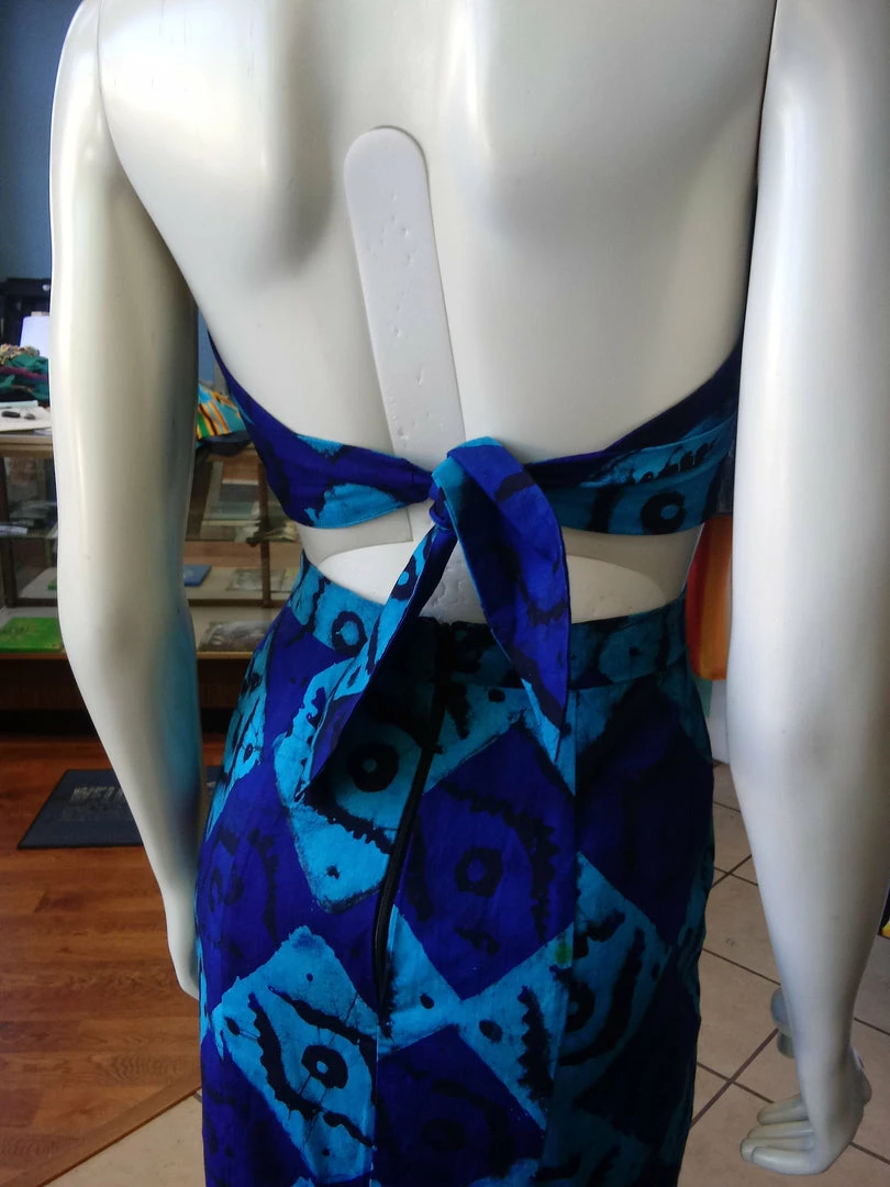 Tidal Cool Dresses African Batik Mermaid Dress With Halter Midriff With Kukui Beads And 2 Layered Full Length Skirt