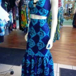 Tidal Cool Dresses African Batik Mermaid Dress With Halter Midriff With Kukui Beads And 2 Layered Full Length Skirt