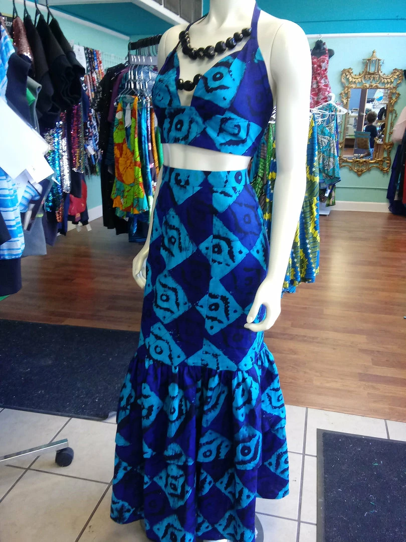 Tidal Cool Dresses African Batik Mermaid Dress With Halter Midriff With Kukui Beads And 2 Layered Full Length Skirt