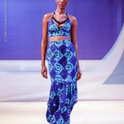 Tidal Cool Dresses African Batik Mermaid Dress With Halter Midriff With Kukui Beads And 2 Layered Full Length Skirt