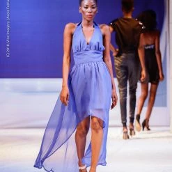 Tidal Cool Dresses Ethereal Blue Azure Chiffon Dress With Rhinestone Back Chains, In High Low Silhouette And Halter Neckline