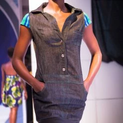 Tidal Cool Sporty Denim And African Kente Cloth Jumper Dress With Button Down Front And Pockets