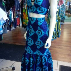 Tidal Cool Dresses African Batik Mermaid Dress With Halter Midriff With Kukui Beads And 2 Layered Full Length Skirt