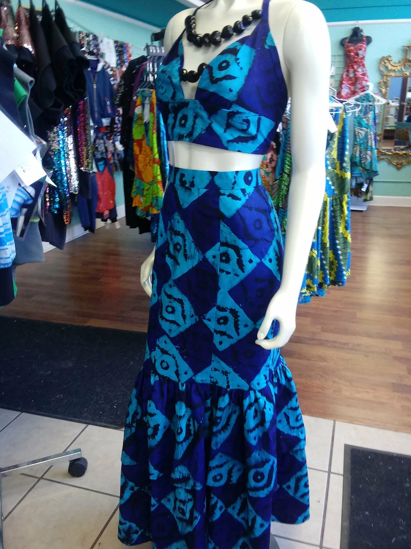 Tidal Cool Dresses African Batik Mermaid Dress With Halter Midriff With Kukui Beads And 2 Layered Full Length Skirt