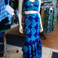 Tidal Cool Dresses African Batik Mermaid Dress With Halter Midriff With Kukui Beads And 2 Layered Full Length Skirt