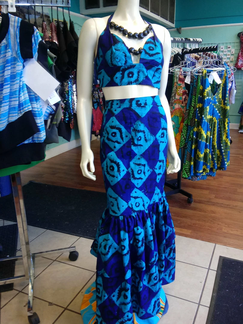 Tidal Cool Dresses African Batik Mermaid Dress With Halter Midriff With Kukui Beads And 2 Layered Full Length Skirt
