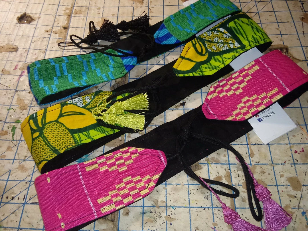 Tidal Cool Green And Blue African Kente Cloth Belt With Tassel Ties