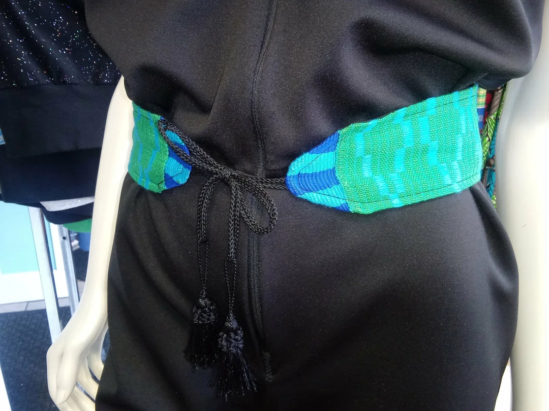 Tidal Cool Green And Blue African Kente Cloth Belt With Tassel Ties