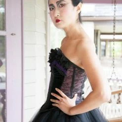 Tidal Cool Black Brocade Corset With Purple And Black Lace Trim
