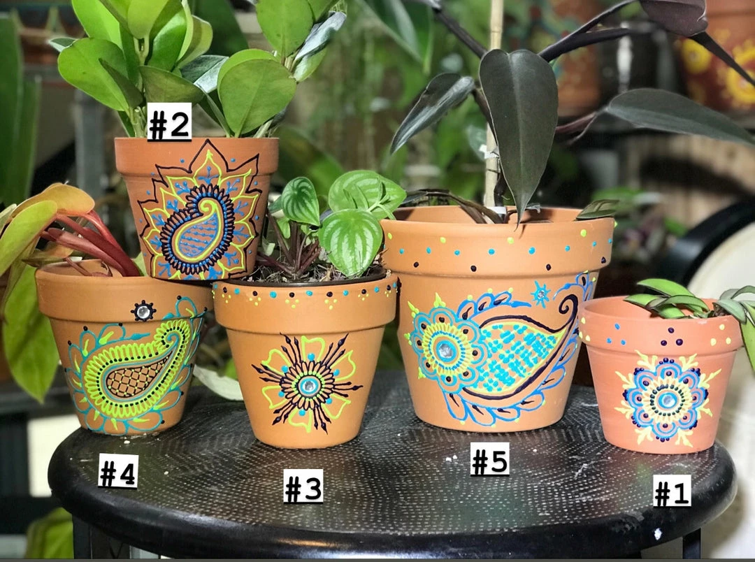 Tidal Cool Blue And Green Handpainted Henna Terra Cotta Pots Henna Art And Decor