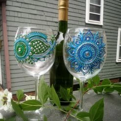 Tidal Cool Hand Painted Wine Glasses In Green And Blue Henna Design