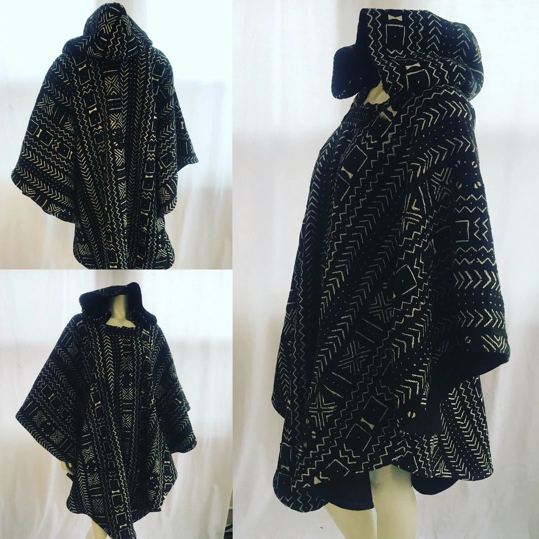Tidal Cool Long African Mudcloth Cape With Hood In Black And White