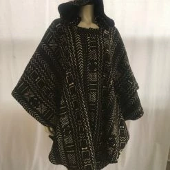Tidal Cool Long African Mudcloth Cape With Hood In Black And White